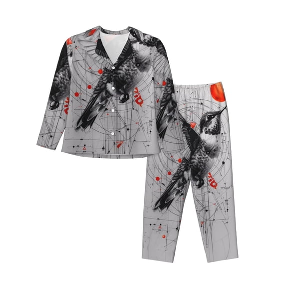 Daiia Abstract Geometric Hummingbird for Women's Long-Sleeved Pajama Set – Soft & Comfortable Sleepwear Button-Up Pajamas Cozy Lounge Wear-X-Large