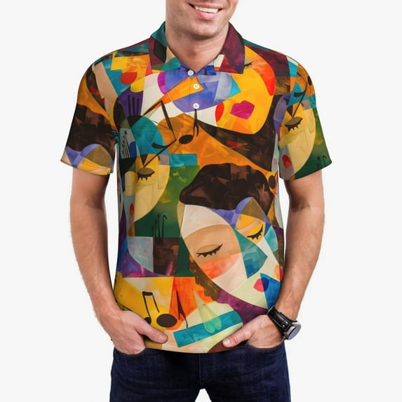 Daiia Abstract Musical Faces Pattern Men’s Polo Shirts,Solid Deck Shirt,Classic Fit, Breathable Cotton Polo for Casual and Sport Wear-3X-Large
