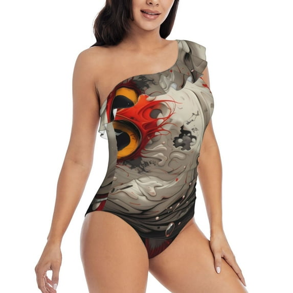 Daiia Abstract Red Koi Fish Art Women's One Piece Swimsuits Personalized One Shoulder Swimwear Asymmetric Ruffle Bathing Suits-Large