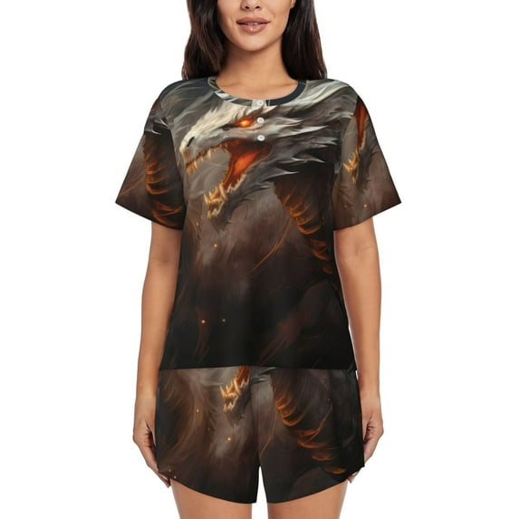 Daiia Abstract White Dragon Pattern Womens Pajama Sets Short Sleeve Pajamas for Women Sets Soft Lounge Sets Casual Round Neck Sleepwear PJS-3X-Large