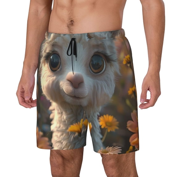 Daiia Adorable Llama In Flowers Mens Swim Trunks Swim Shorts Quick Dry Swim Shorts with Mesh Lining Pockets-XX-Large