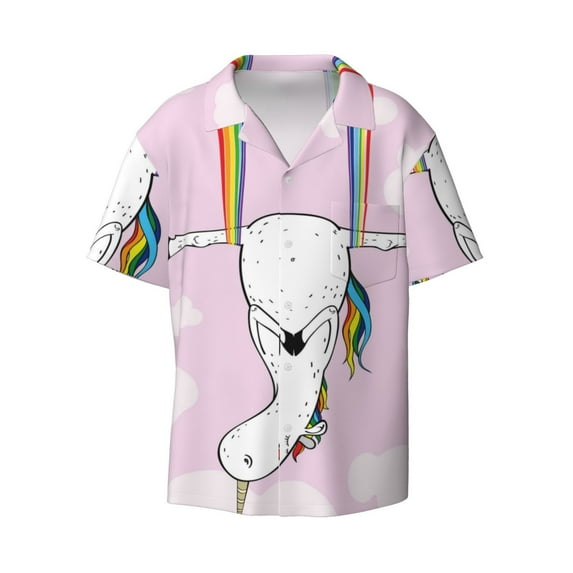 Daiia Aerial Yoga for Unicorn Men's Linen Shirts Short Sleeve Casual Shirts Button Down Shirt for Men Beach Summer Wedding Shirt-Small