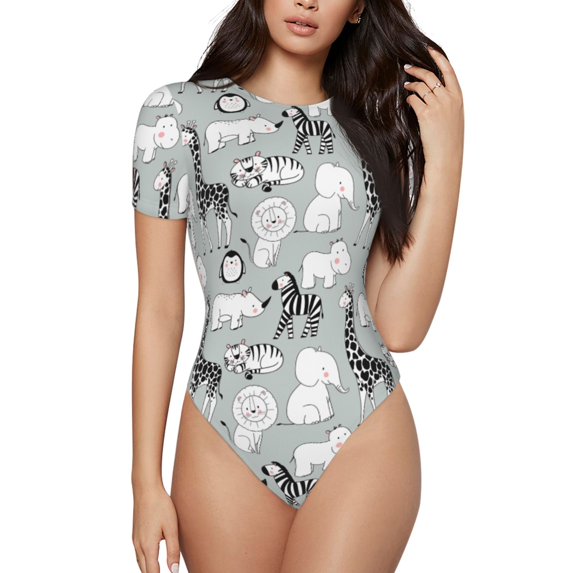 Daiia African Animals print Women's Crew Neck Short Sleeve Bodysuit Fashion Tops Fit Casual Basic Extender Bodysuit-Medium