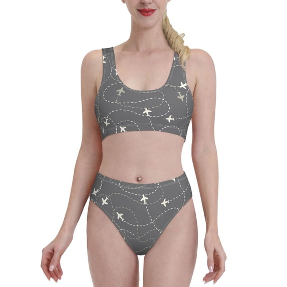 Daiia Airplane Routes Around The World printed 2 piece Swimsuit Bikinis for Women High Waisted Racerback Bathing Suits Summer Tummy Control Scoop Neck Swimwear-XX-Large