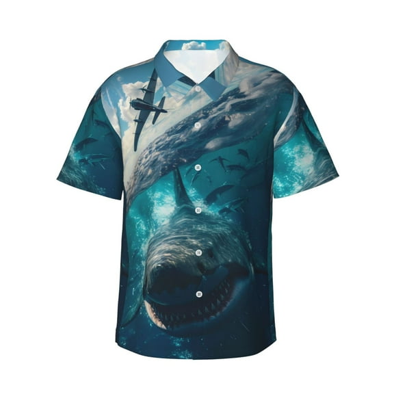 Daiia Airplane Shark Hawaiian Shirt for Men Gentle Cotton Regular Short Sleeve Casual-X-Large