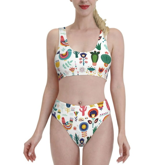 Daiia Alpaca Flower printed 2 piece Swimsuit Bikinis for Women High Waisted Racerback Bathing Suits Summer Tummy Control Scoop Neck Swimwear-Medium