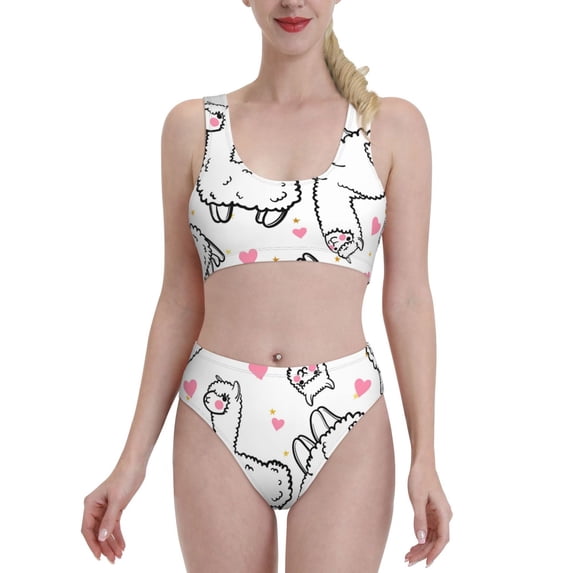 Daiia Alpacas and Hearts printed 2 piece Swimsuit Bikinis for Women High Waisted Racerback Bathing Suits Summer Tummy Control Scoop Neck Swimwear-XX-Large
