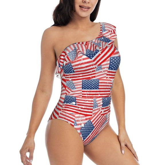 Daiia America Flags Women's One Piece Swimsuits Personalized One Shoulder Swimwear Asymmetric Ruffle Bathing Suits-Large