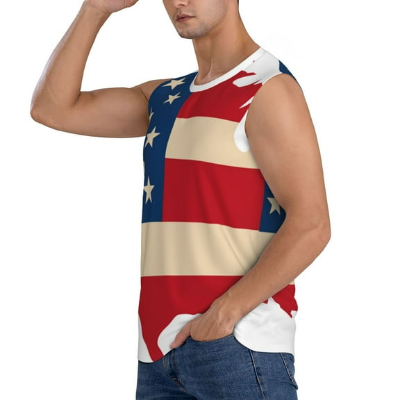 Daiia American Flag Map Printed Men's Tank Tops,Casual Soft Sleeveless Gym Muscle Shirts Bodybuilding Tee-X-Large