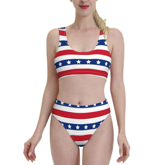 Daiia American Patriotic Stars And Stripes printed 2 piece Swimsuit Bikinis for Women High Waisted Racerback Bathing Suits Summer Tummy Control Scoop Neck Swimwear-Large