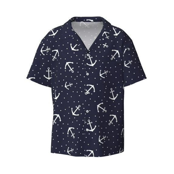 Daiia Anchor Men's Linen Shirts Short Sleeve Casual Shirts Button Down Shirt for Men Beach Summer Wedding Shirt-Small