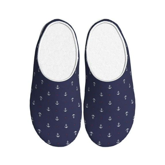 Daiia Anchors Heart Blue Print Women’s Fuzzy Slippers Memory Foam Lightweight House Shoes Cozy Loafer Flannel House Shoes-39/40