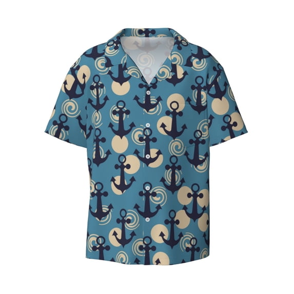 Daiia Anchors Men's Linen Shirts Short Sleeve Casual Shirts Button Down Shirt for Men Beach Summer Wedding Shirt-Small