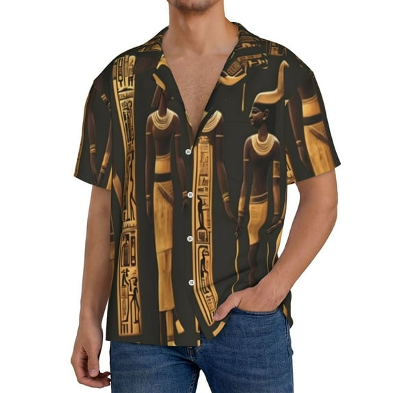 Daiia Ancient Egyptian Hieroglyph Pattern Men's Linen Shirts Short Sleeve Casual Shirts Button Down Shirt for Men Beach Summer Wedding Shirt-Medium