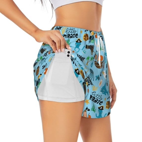 Daiia Animal Pirate Pattern Women's 2 in 1 Running Shorts - Lightweight Athletic Workout Gym Yoga Shorts Liner with Phone Pockets-XX-Large