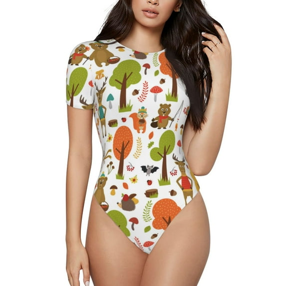 Daiia Animals Forest print Women's Crew Neck Short Sleeve Bodysuit Fashion Tops Fit Casual Basic Extender Bodysuit-Large