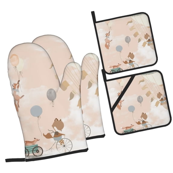 Daiia Animals Riding Across The Sky1 Pattern Oven Mitts and Pot Holders 4 pcs Set,High Heat Resistant 500 Degree Extra Thicken Long Kitchen Cotton Oven Glove