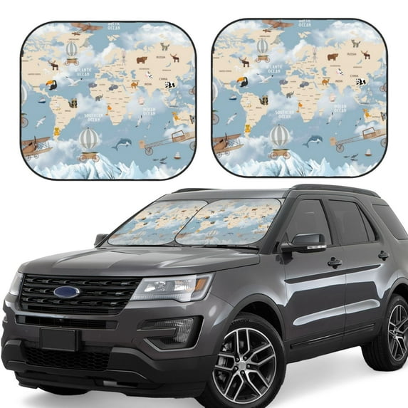 Daiia Animals Travel World Map 2PCS Car Windshield Sun Shade, Foldable Sun Shield for Car Front Window, Auto Sun Blocker Visor Protector Universal for Truck SUV Pickup-Small