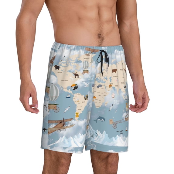 Daiia Animals Travel World Map Mens Woven Stretch Pajama Short,Short Pajama Pants-XX-Large