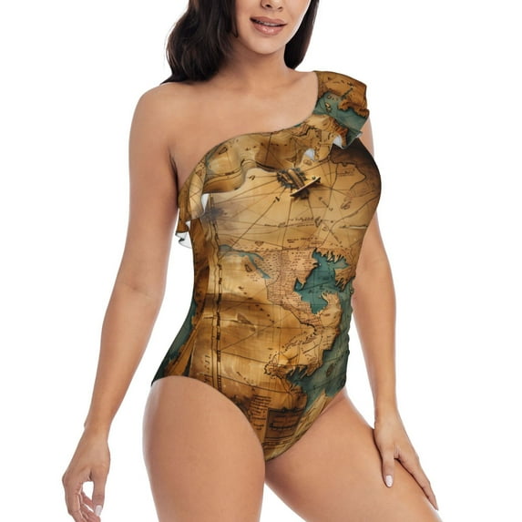 Daiia Antique Map Adventure Scene Women's One Piece Swimsuits Personalized One Shoulder Swimwear Asymmetric Ruffle Bathing Suits-Medium