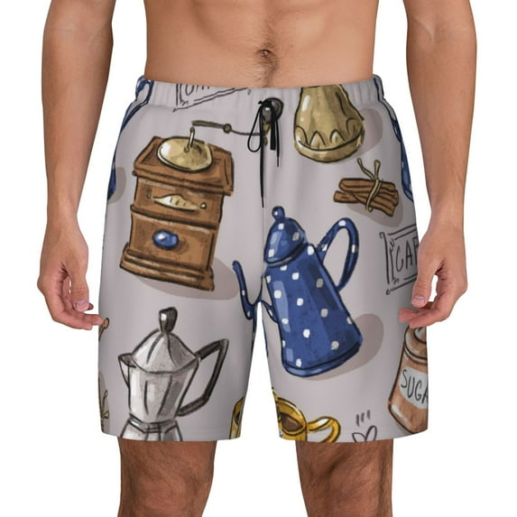Daiia Antique Vintage Teapot Coffee Grinder Mens Swim Trunks Swim Shorts Quick Dry Swim Shorts with Mesh Lining Pockets-XX-Large
