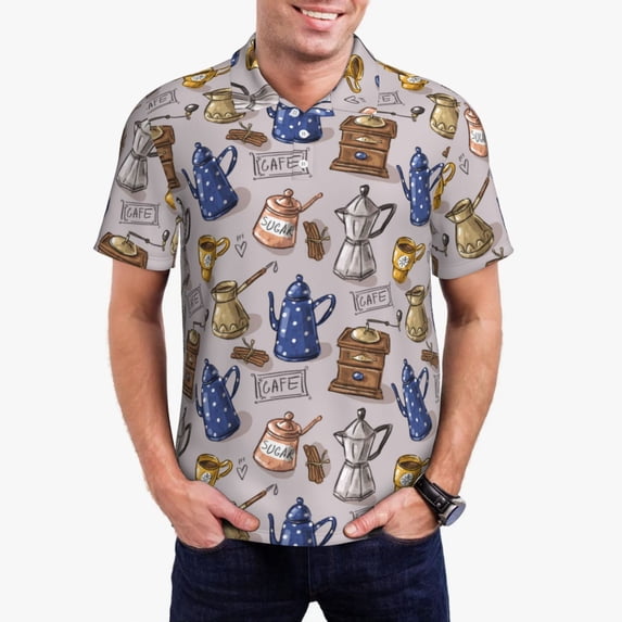 Daiia Antique Vintage Teapot Coffee Grinder Pattern Men’s Polo Shirts,Solid Deck Shirt,Classic Fit, Breathable Cotton Polo for Casual and Sport Wear-