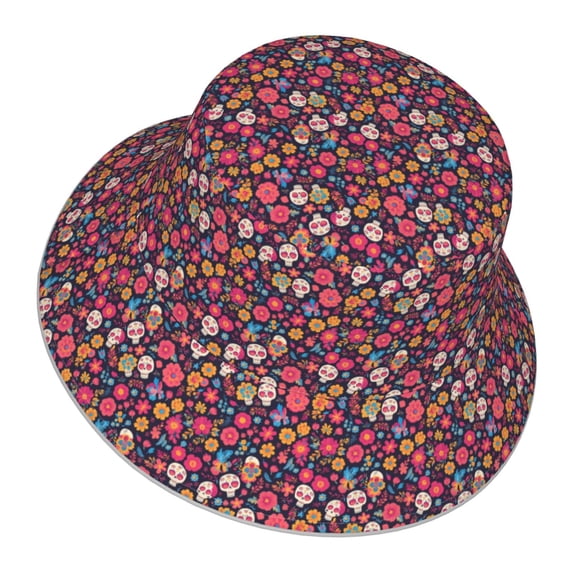 Daiia Apricot color Skull flower Pattern Bucket Hat - Trendy Cotton Sun Hat for Beach, Golf, Fishing - Fun Outdoor Vacation Boonie for Men and Women