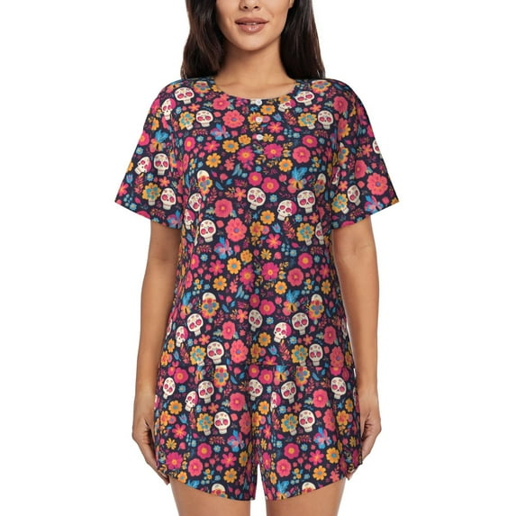 Daiia Apricot color Skull flower Pattern Womens Pajama Sets Short Sleeve Pajamas for Women Sets Soft Lounge Sets Casual Round Neck Sleepwear PJS-Large
