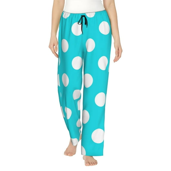 Daiia Aqua And White Polka Dot Women's Sleep Pant with Pockets and Drawstring,Pajama Pants-Medium