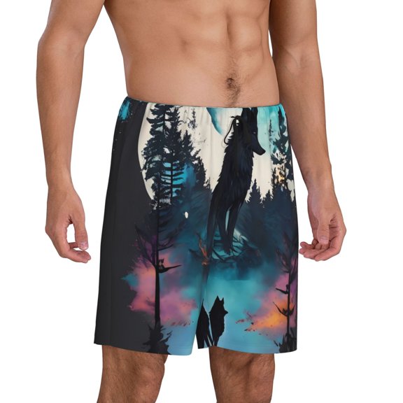 Daiia Artistic Moon Valley Wolf Mens Woven Stretch Pajama Short,Short Pajama Pants-Large