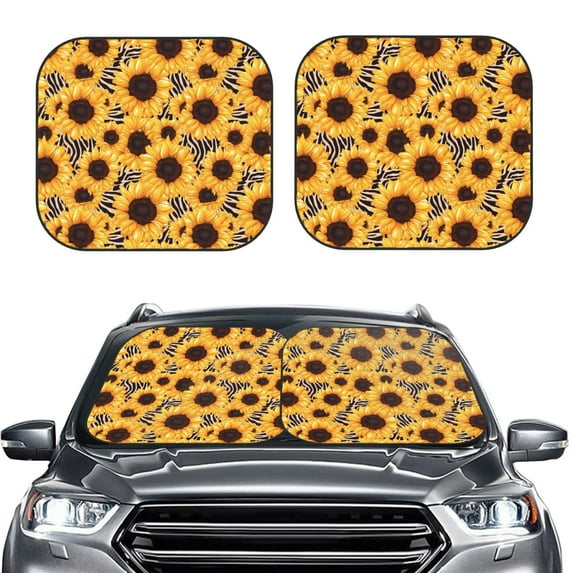 Daiia Artistic Zebra Print Sunflower 2PCS Car Windshield Sun Shade, Foldable Sun Shield for Car Front Window, Auto Sun Blocker Visor Protector Universal for Truck SUV Pickup-Large