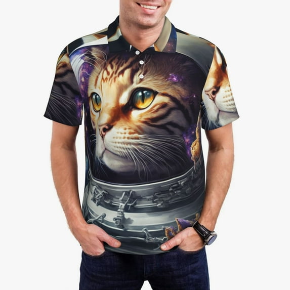 Daiia Astronaut Cat Pattern Men’s Polo Shirts,Solid Deck Shirt,Classic Fit, Breathable Cotton Polo for Casual and Sport Wear-Medium