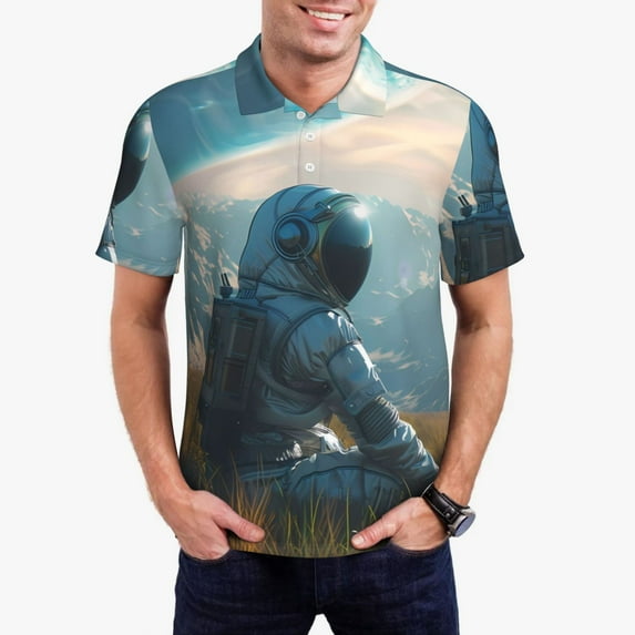 Daiia Astronaut Contemplating Planet Pattern Men’s Polo Shirts,Solid Deck Shirt,Classic Fit, Breathable Cotton Polo for Casual and Sport Wear-4X-Large