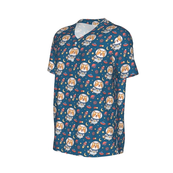 Daiia Astronaut Corgi Dog Mens Baseball Jersey Button Down Shirts Short Sleeve Sports Uniforms-3X-Large