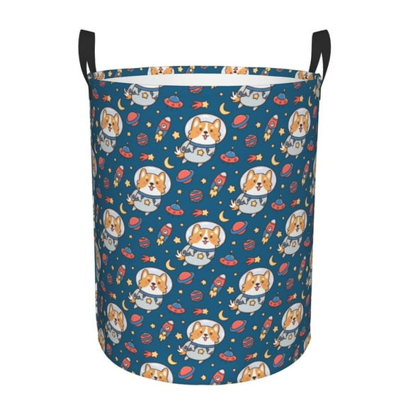 Daiia Astronaut Corgi Dog Round Laundry Basket with Handles Thickened Waterproof Circular hamper,Dirty Clothes Storage Basket for Bedroom,Bathroom,College Dorm-Small