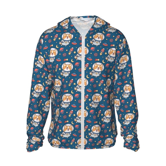 Daiia Astronaut Corgi Dog UPF 50+ Sun Protection Hoodie Jacket Lightweight Long Sleeve Sun Shirt for Women Men with Pocket Hiking Outdoor-Large