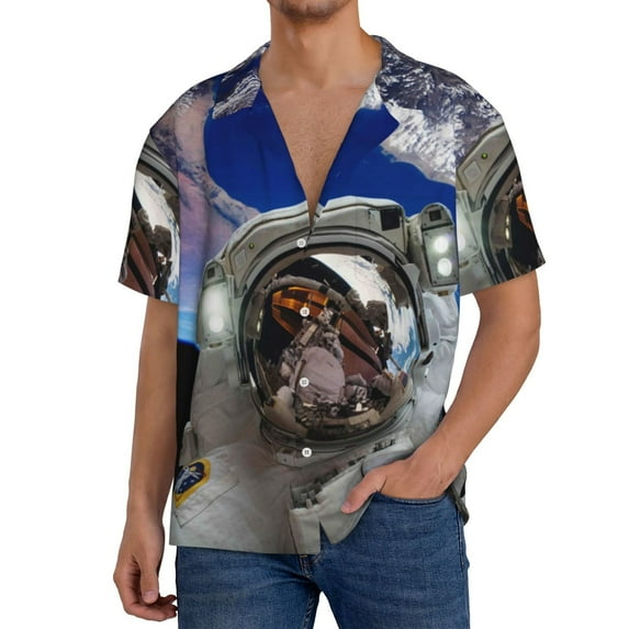 Daiia Astronaut in Outer Space Men's Linen Shirts Short Sleeve Casual Shirts Button Down Shirt for Men Beach Summer Wedding Shirt-Small