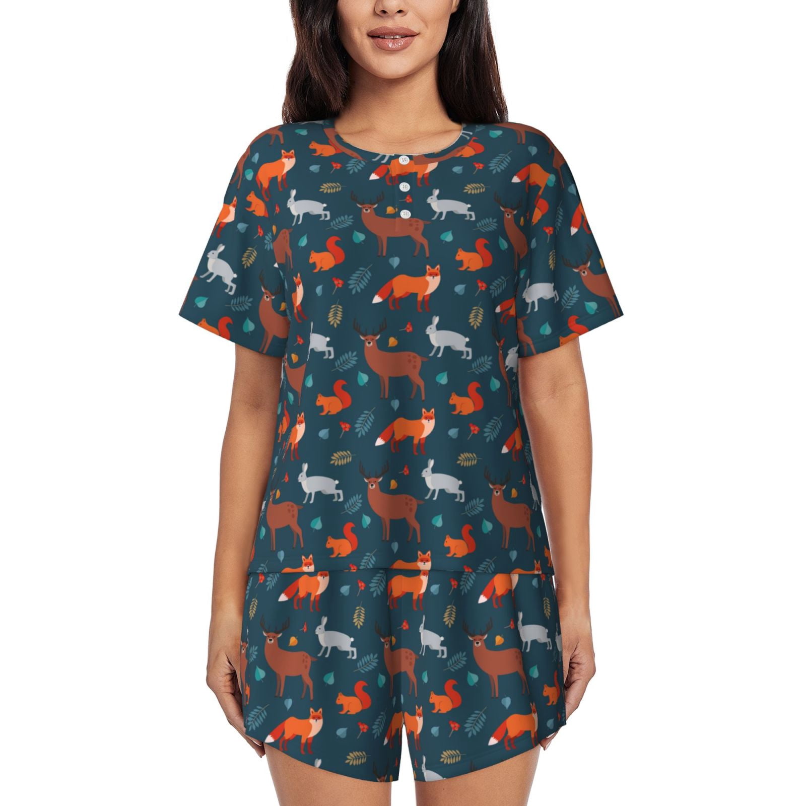 Daiia Autumn Forest Animals Cute Pattern Womens Pajama Sets Short ...