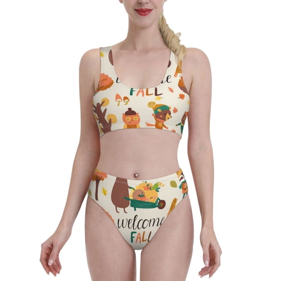 Daiia Autumn In The Forest printed 2 piece Swimsuit Bikinis for Women High Waisted Racerback Bathing Suits Summer Tummy Control Scoop Neck Swimwear-Large