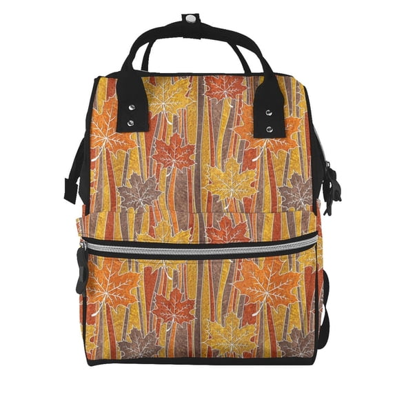 Daiia Autumn Maple Leaf Stripes Large Capacity Baby Bag Waterproof Stylish Diaper Bag Mummy Backpack Adjustable Straps Diaper BagBaby Essentials Bag