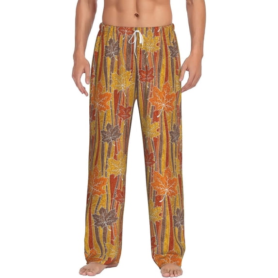 Daiia Autumn Maple Leaf Stripes Men's Sleep Pant with Pockets and Drawstring,Pajama Pants-XX-Large