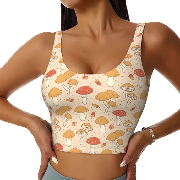 Daiia Autumn Mushrooms Printed Women's Sports Bra, Breathable Activewear Bra with U-Back Design and Removable Pads, Comfortable and Supportive for Yoga, Workout-Medium