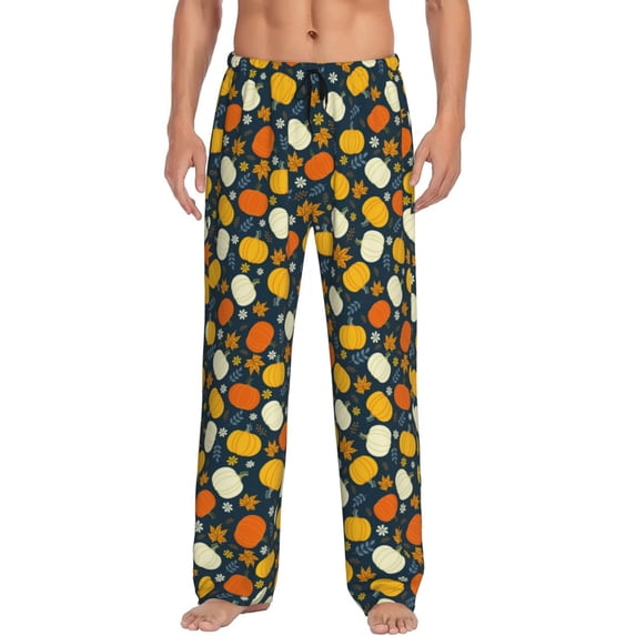 Daiia Autumn Pumpkin Maple Leaf Plants Men's Sleep Pant with Pockets and Drawstring,Pajama Pants-XX-Large
