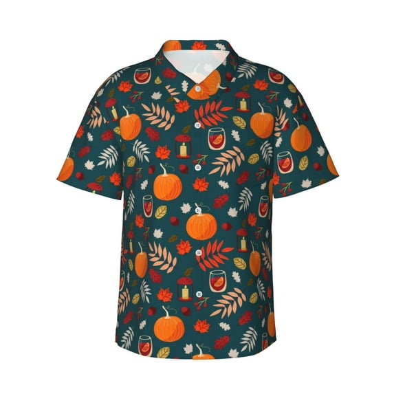 Daiia Autumn with Pumpkins Hawaiian Shirt for Men Gentle Cotton Regular Short Sleeve Casual-3X-Large