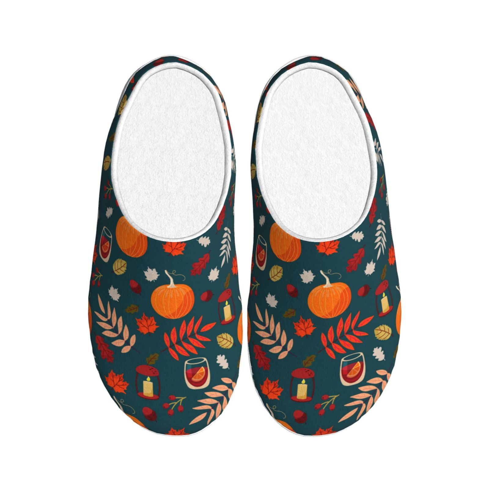 Daiia Autumn with Pumpkins Print Women???s Fuzzy Slippers Memory Foam