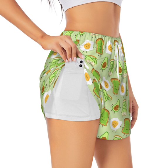 Daiia Avocado And Toast Pattern Women's 2 in 1 Running Shorts - Lightweight Athletic Workout Gym Yoga Shorts Liner with Phone Pockets-Medium