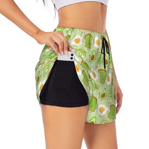 Daiia Avocado And Toast Pattern Women's 2 in 1 Running Shorts - Lightweight Athletic Workout Gym Yoga Shorts Liner with Phone Pockets-Small