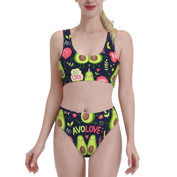 Daiia Avocado Love printed 2 piece Swimsuit Bikinis for Women High Waisted Racerback Bathing Suits Summer Tummy Control Scoop Neck Swimwear-XX-Large