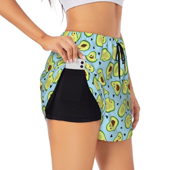 Daiia Avocado and Hearts Pattern Women's 2 in 1 Running Shorts - Lightweight Athletic Workout Gym Yoga Shorts Liner with Phone Pockets-