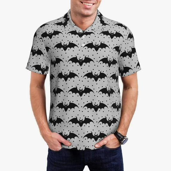 Daiia Bat Pattern Men’s Polo Shirts,Solid Deck Shirt,Classic Fit, Breathable Cotton Polo for Casual and Sport Wear-Large